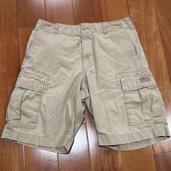 Ralph Lauren Mens Size Cargo Shorts Khaki USA Flag Emblem Polo Jeans Y2K size 32 - Picture 1 of 8